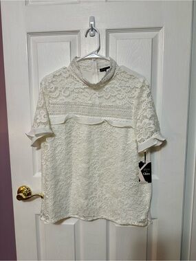 Gibson Lg NWT Lace Mock Neck Short Sleeve Top - Ivory